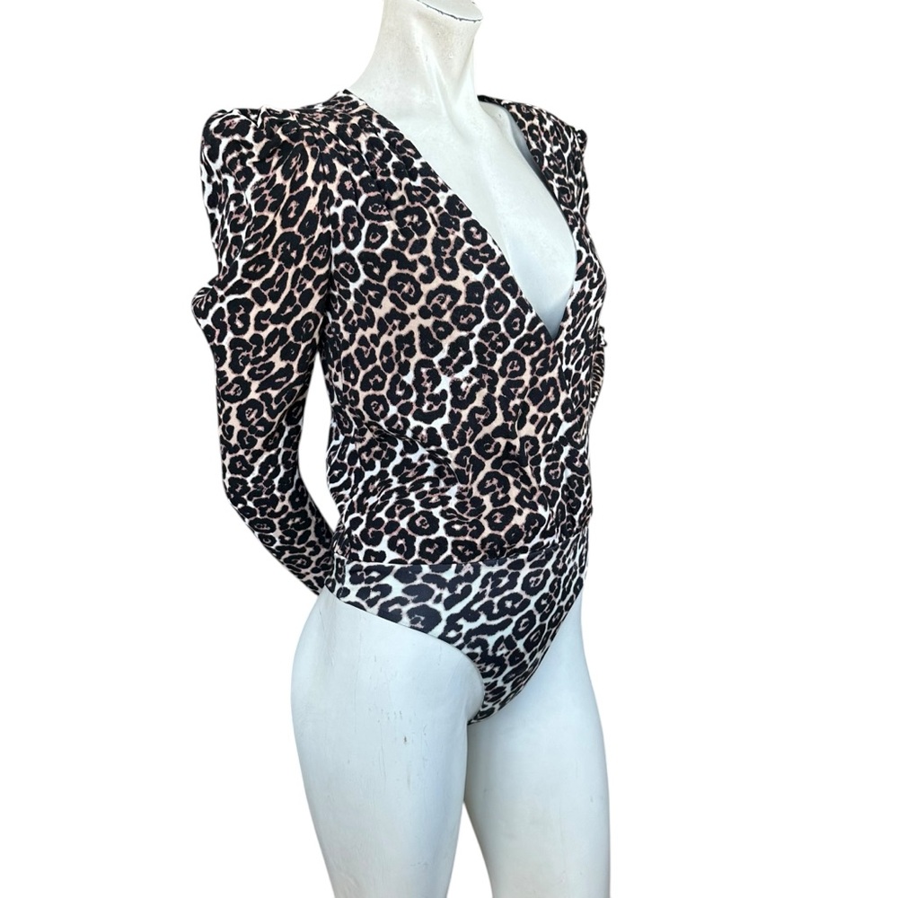 Revolve AFRM Nora Puff Sleeve Deep V-Neck Long Sleeve Leopard Print Bodysuit XS - Picture 4 of 9